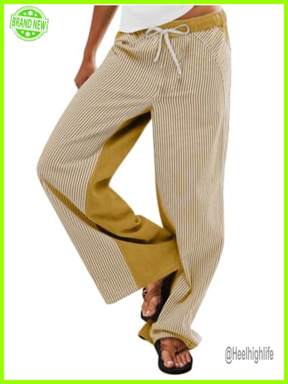 Women Low Rise Striped Wide Leg Jeans Drawstring Boho Cotton Pants